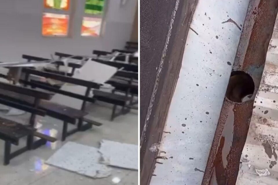 Imagem mostra parte do teto sob os bancos da igreja