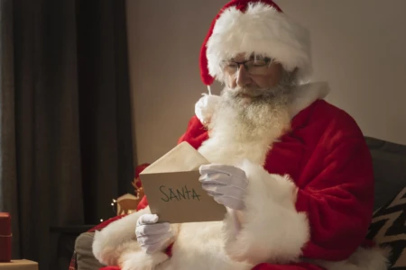Imagem ilustrativa mostra Papai Noel lendo carta