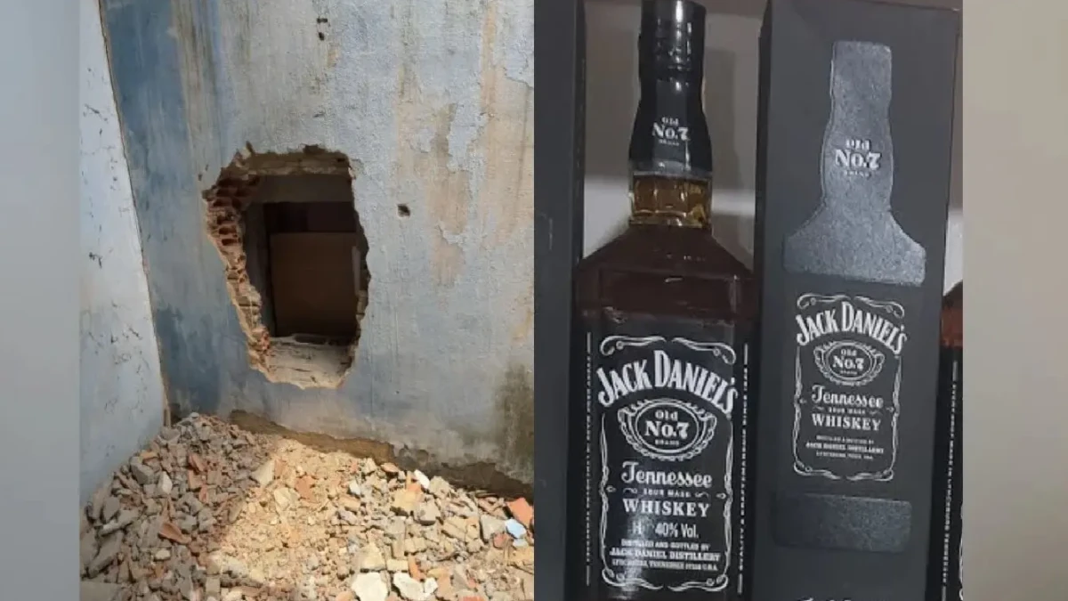 Imagem mostra buraco feito na parede que permitiu acesso dos criminosos ao interior do estabelecimento