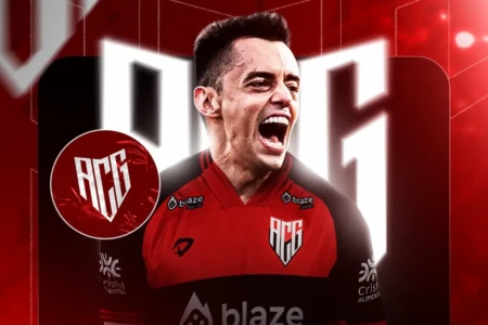 Arte do lateral Matheus Ribeiro com a camisa do Atlético Goianiense