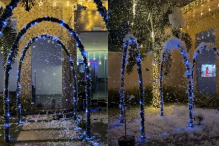 Casa com neve artificial chama atenção em Senador Canedo