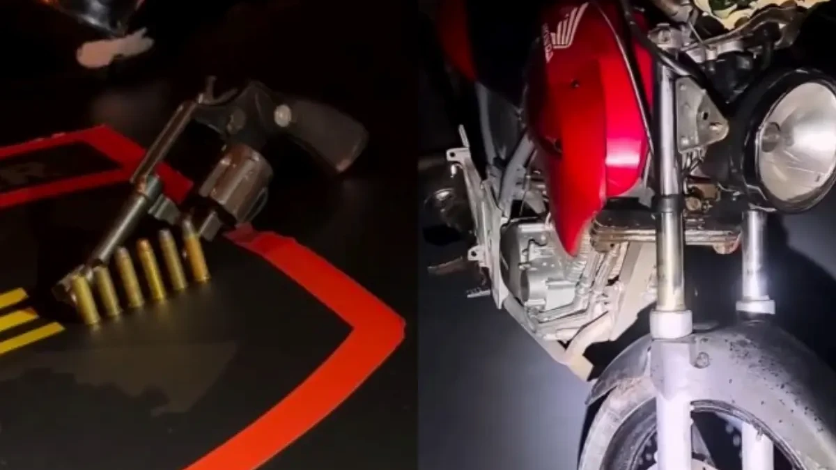 Imagem da arma apreendida e da moto