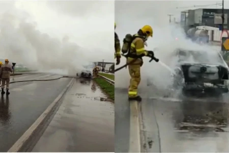 Imagem mostra bombeiro militar atuando para conter incêndio