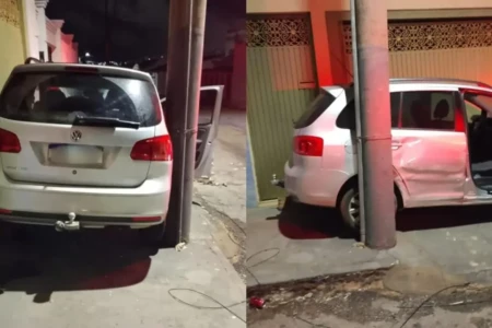 Carro fica entalado entre muro e poste após motorista perder controle em Anápolis