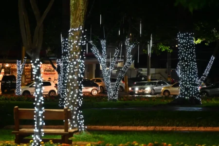 Imagem mostra parte das luzes de Natal instaladas na Praça do Setor Nova Suíça