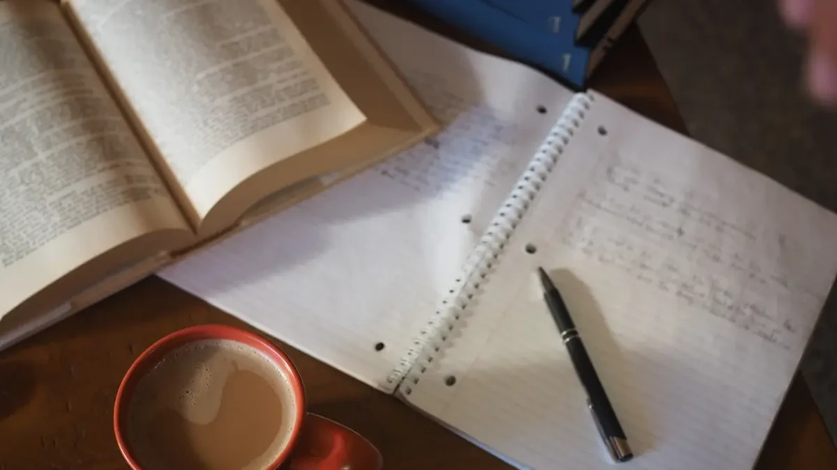 Imagem de uma mesa com itens de estudo