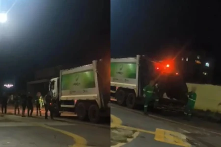 Imagem mostra caminhão de limpeza urbana em frente a academia, onde a confusão começou