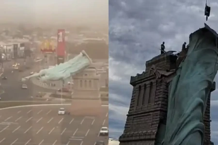 Queda da estrutura devido aos fortes ventos em Guaíba Vídeo: "Estátua da Liberdade" da Havan desaba no RS e vira meme nas redes sociais