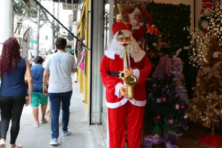 Imagem mostra consumidores circulando pelo comércio em período natalino