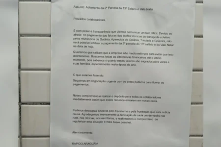 Rápido Araguaia comunica funcionários de atraso no décimo 13º e Vale Natal