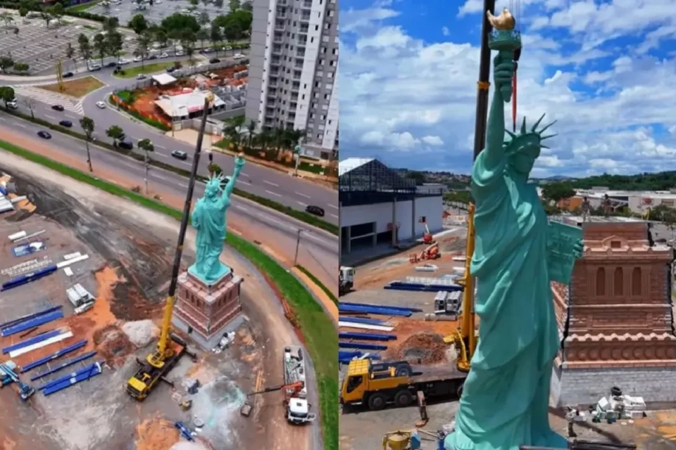 Imagens mostram estrutura montada da Estátua da Liberdade, símbolo das lojas Havan