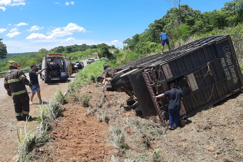 Acidente acontece em Posse; motorista fraturou o fêmur Carreta com bovinos tomba na GO-446, mata 15 animais e deixa motorista ferido