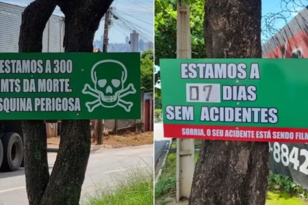 Imagens mostram placas instaladas por comerciante da região