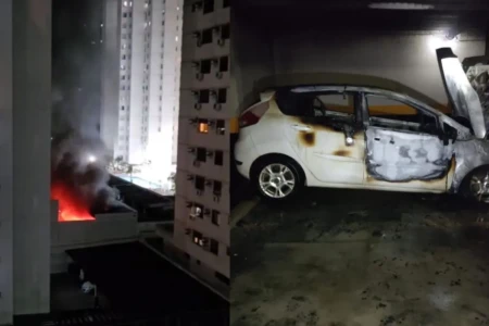 Imagens mostram fogo e destruição causada no carro que estava estacionado