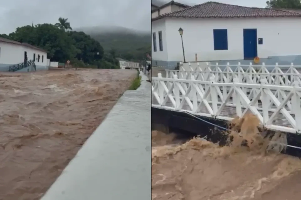 Rio Vermelho transborda após forte chuva na Cidade de Goiás (Foto: Reprodução)