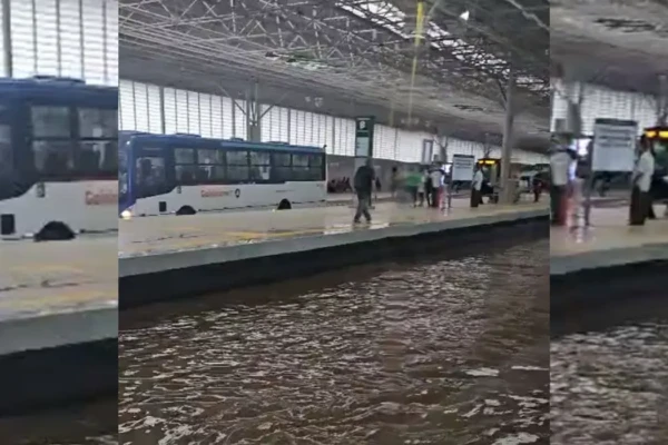 Imagem mostra terminal alagado após forte chuva