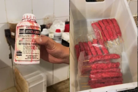 Fábrica de espetinho jogava corante para deixar carne mais vermelha, em Aparecida (Foto: Reprodução)