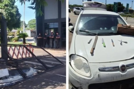 Portão do Detran arrancado e carro apreendido (Foto: reprodução/PM)