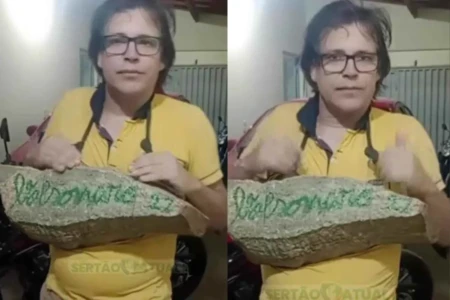 Bolsonarista anuncia que vai se juntar a caminhada de Nikolas com pedra no pescoço (Foto: Reprodução)