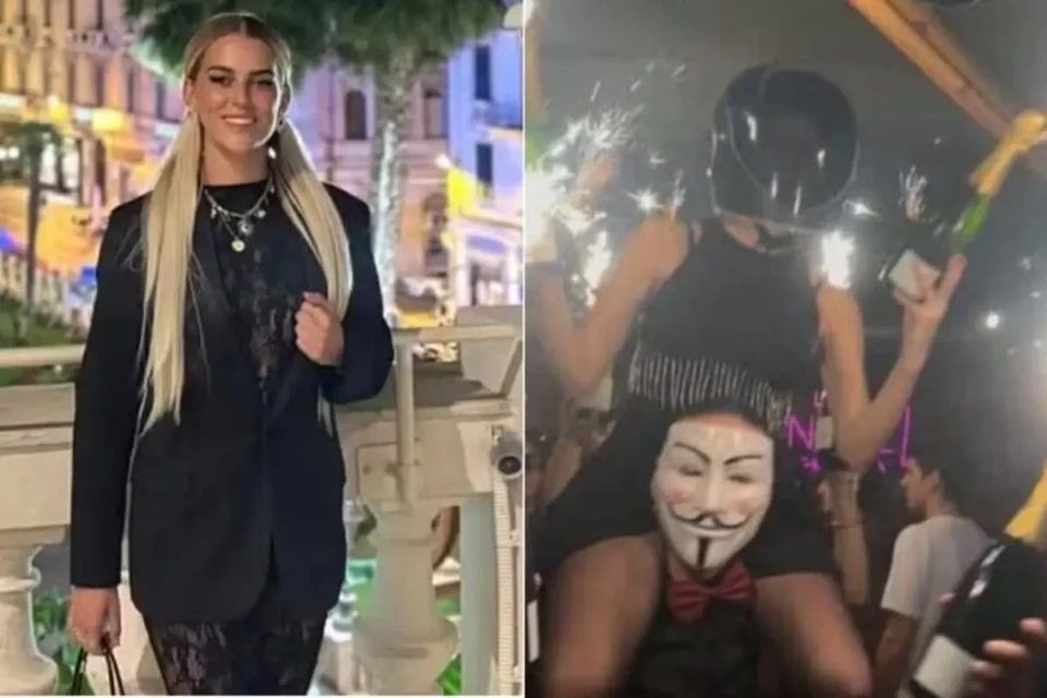 Cyane Panine, de 24 anos, apontada como responsável pelo incêndio que matou 40 pessoas; ao lado, o momento em que ela estava no bar, antes do início da tragédia — Foto: Reprodução