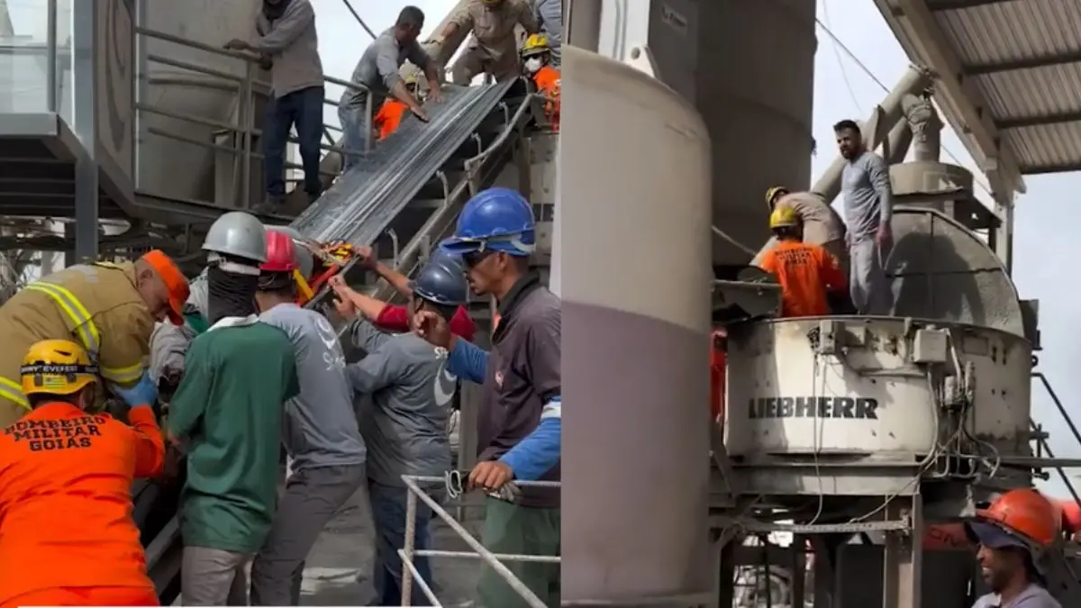 Imagens mostram momento em que trabalhador é retirado da máquina de cimento