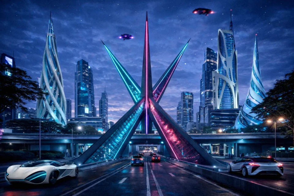 Carros voadores Mutirama tecnológico: imagens recriam Goiânia no futuro cyberpunk Hologramas na Praça Cívica e patinho-robô no Lago das Rosas