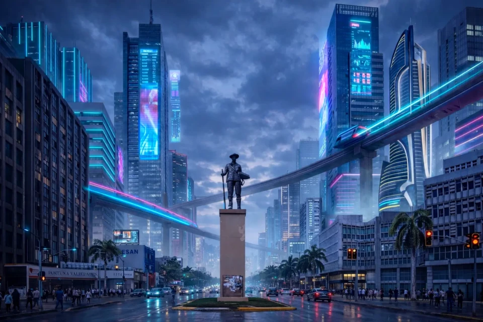 Carros voadores Mutirama tecnológico: imagens recriam Goiânia no futuro cyberpunk Hologramas na Praça Cívica e patinho-robô no Lago das Rosas