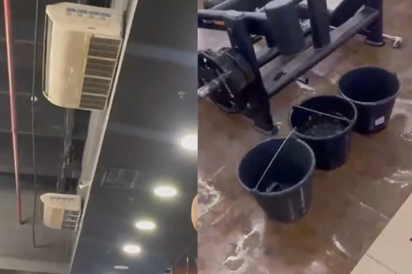 Imagens mostram baldes espalhados para captar água do ar condicionado