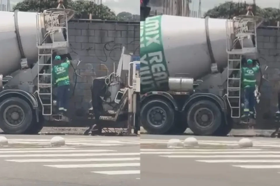 Imagem mostra trabalhador despejando resíduos de cimento em sarjeta do Setor Sul