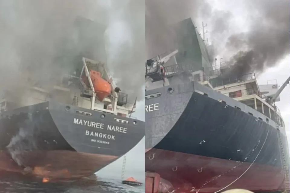 Cargueiro tailandês em chama após ataque do Irã (Fotos: Reprodução/Youtube)