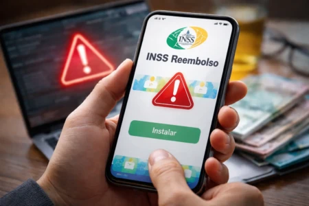 INSS golpe com aplicativo falso de reembolso como funciona Fraude usa aplicativo para instalar vírus no celular e roubar dados bancários