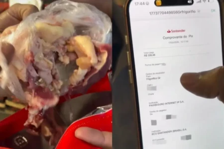 Empresário mostrando pix falso enquanto prepara muxibas para golpista - (Foto: reprodução/Frigorifico G/R)