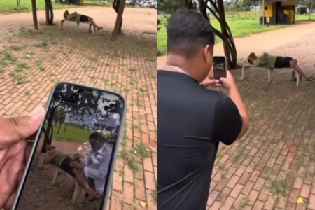 Influencer tirando foto da 'vítima' e fazendo montagem do 'maníaco da injeção' - (Foto: reprodução/Redes sociais)