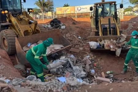 Profissionais limpando área de descarte irregular de lixo - (Foto: reprodução/Consórcio Limpa Gyn)