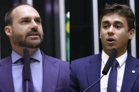 Imagem mostra Eduardo Bolsonaro (à esquerda) e Nikolas Ferreira