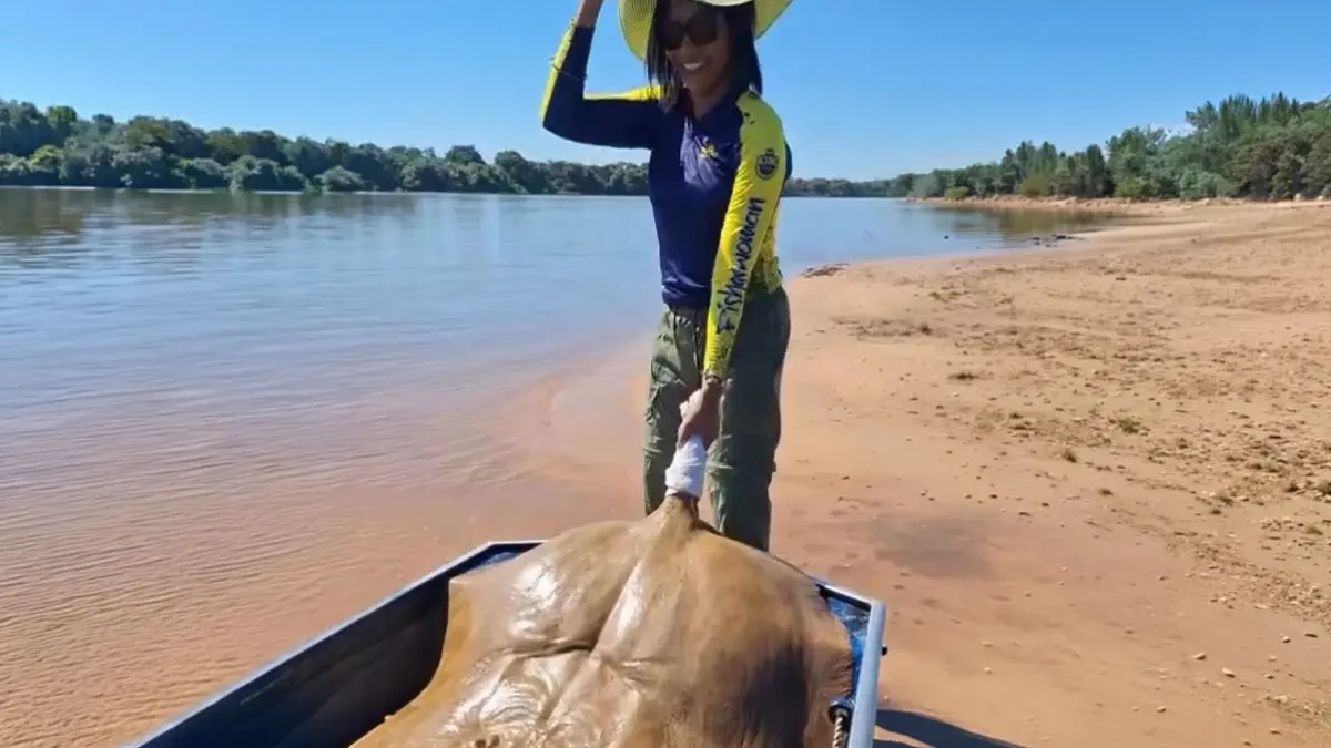 Pescadora chamou atenção com fisgada de arraia gigante de 50 kg no Araguaia