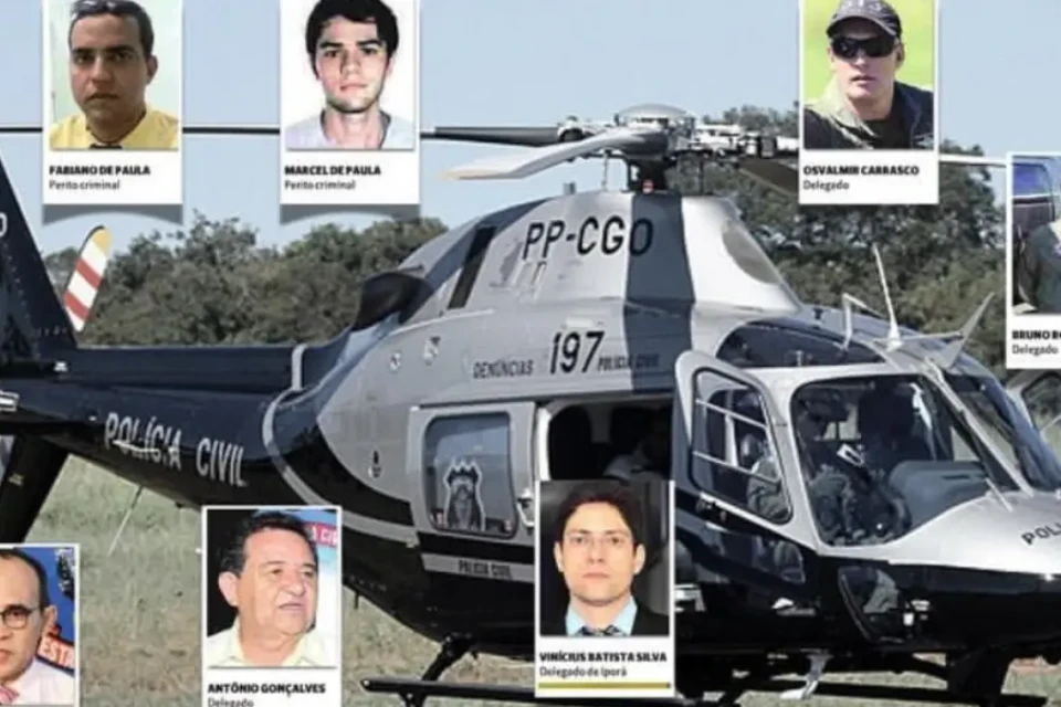 Imagem mostra helicóptero da PCGO antes de explodir em queda que matou delegados, peritos e suspeito da chacina de Doverlândia, em Piranhas, Goiás. Imagem também inclui foto das vítimas