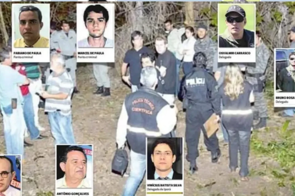 Imagem mostra equipes da PCGO durante investigação da chacina de Doverlândia. Imagem também inclui foto das vítimas