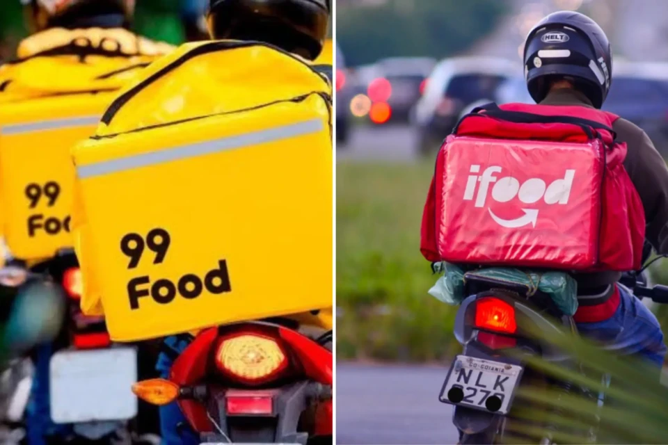Montagem com dois motociclistas, um da 99Food e outro do iFood