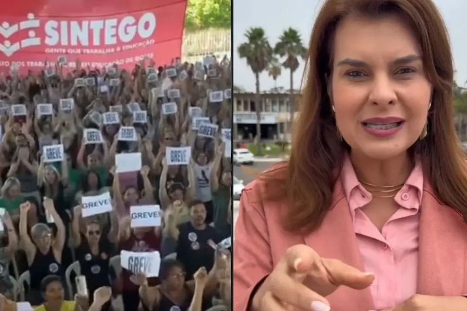 Foto mostra presidente do Sintego e manifestação dos professores por greve