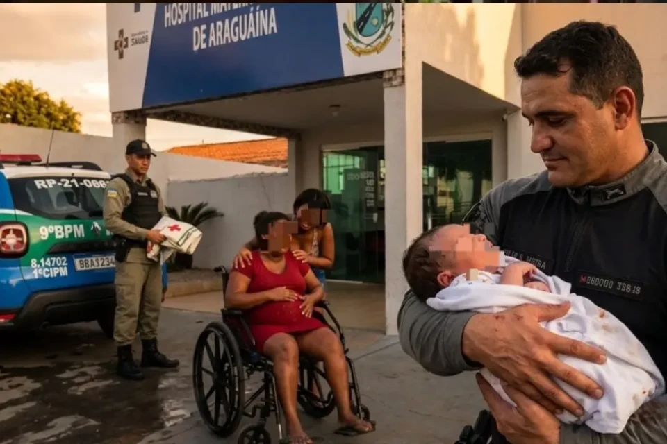 Sgt segurando bebê após parto de emergência - (Foto: reprodução/PM)