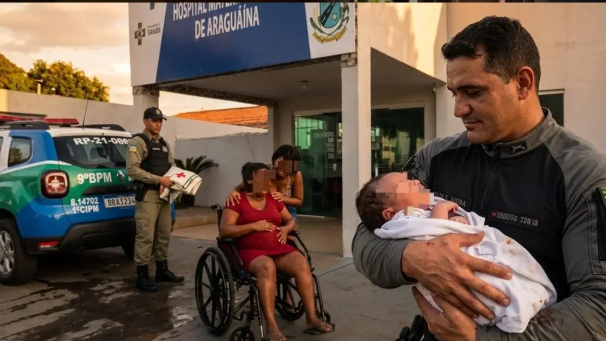 Sgt segurando bebê após parto de emergência - (Foto: reprodução/PM)