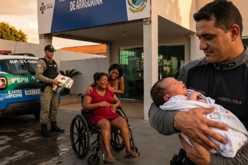 Policial segurando bebê após parto - (Foto: arquivo pessoal)