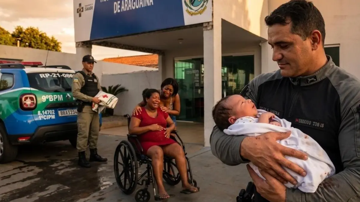 Policial segurando bebê após parto - (Foto: arquivo pessoal)