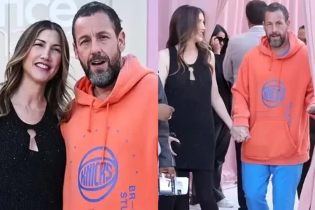 Adam Sandler vai de moletom à estreia de filme da esposa e recebe críticas Ator compareceu ao evento com roupa laranja e tênis coloridos