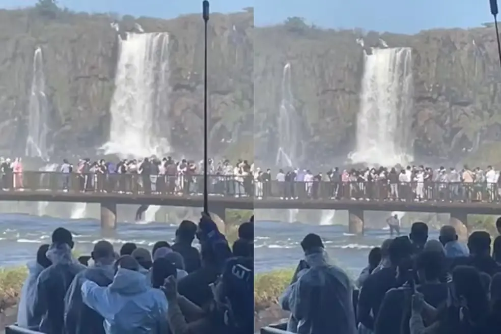 Turista ignora normas de segurança e pula nas Cataratas do Iguaçu para buscar celular Turista ignora normas de segurança e pula nas Cataratas do Iguaçu para buscar celular