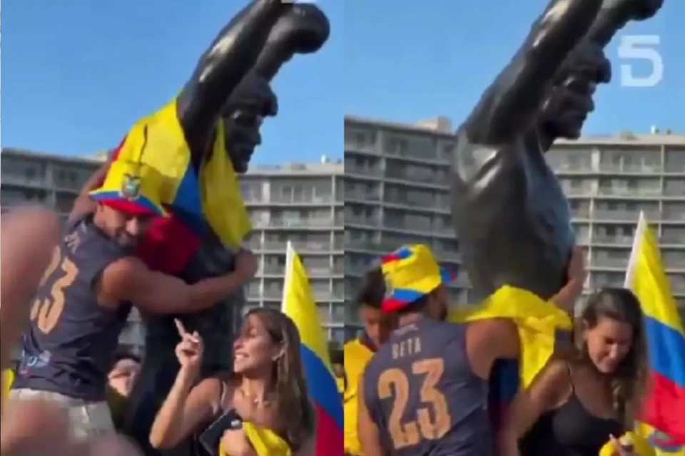 Torcida impede homem de colocar bandeira do Equador nos ombros de Rocky; entenda (Foto: Reprodução)