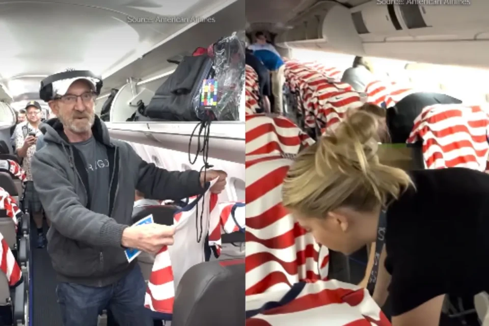 Companhia aérea dá uniformes da seleção dos EUA para passageiros; vídeo (Foto: Reprodução)