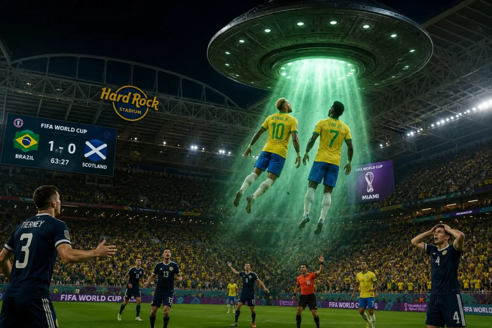 Neymar e Vini. Jr são abduzidos por ETs no jogo contra Escócia, avisou vidente (Foto: IA)