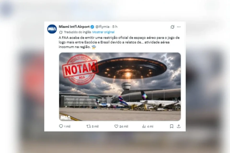 Aeroporto de Miami emite alerta para 'atividade incomum' no espaço durante Brasil x Escócia (Foto: Reprodução)